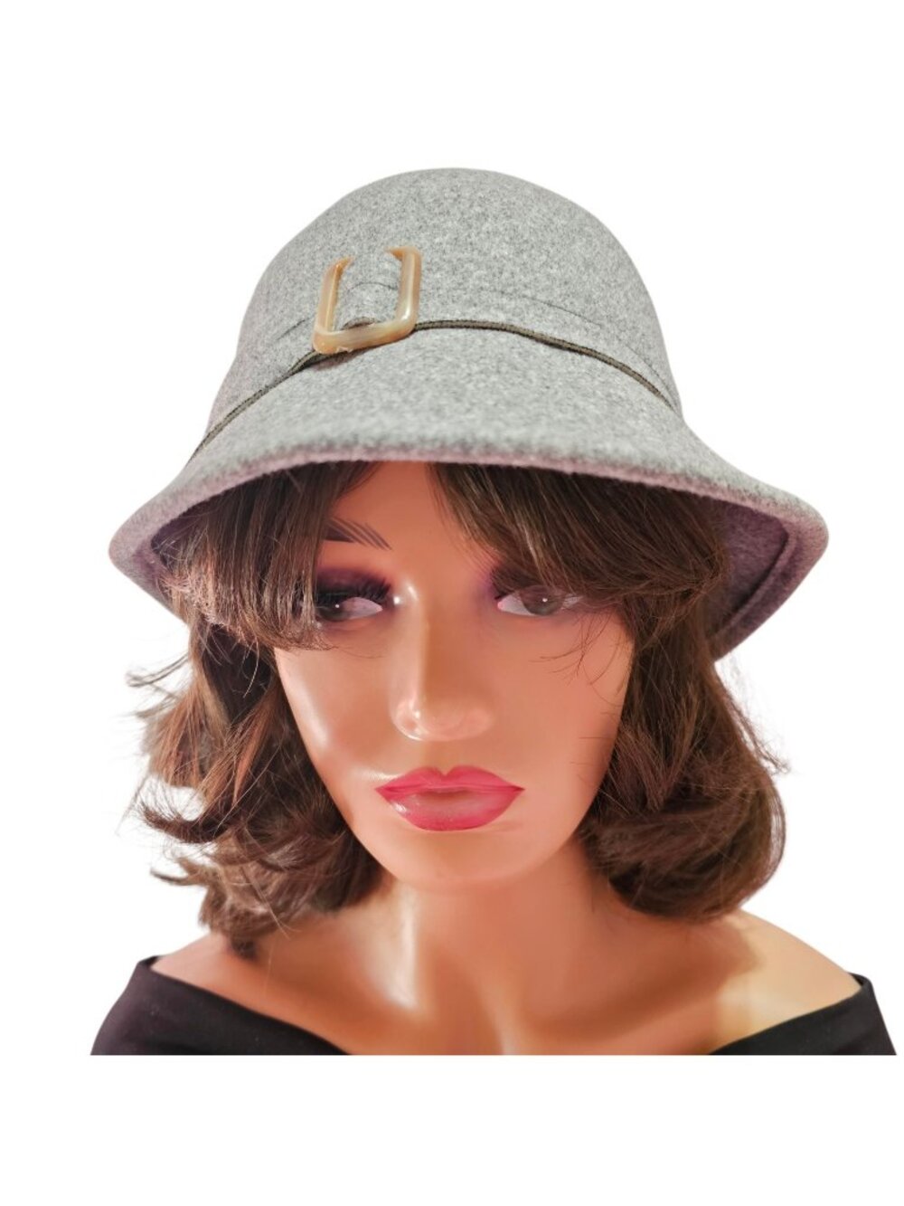 INDIGO SOUL NEW Cloche Bucket Hat Gray Felt Faux Tortoise Shell Buckle OSFM